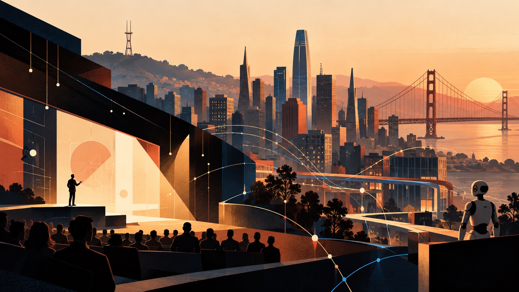 Editorial illustration of San Francisco, a technology presentation and a robot connected by data pathways