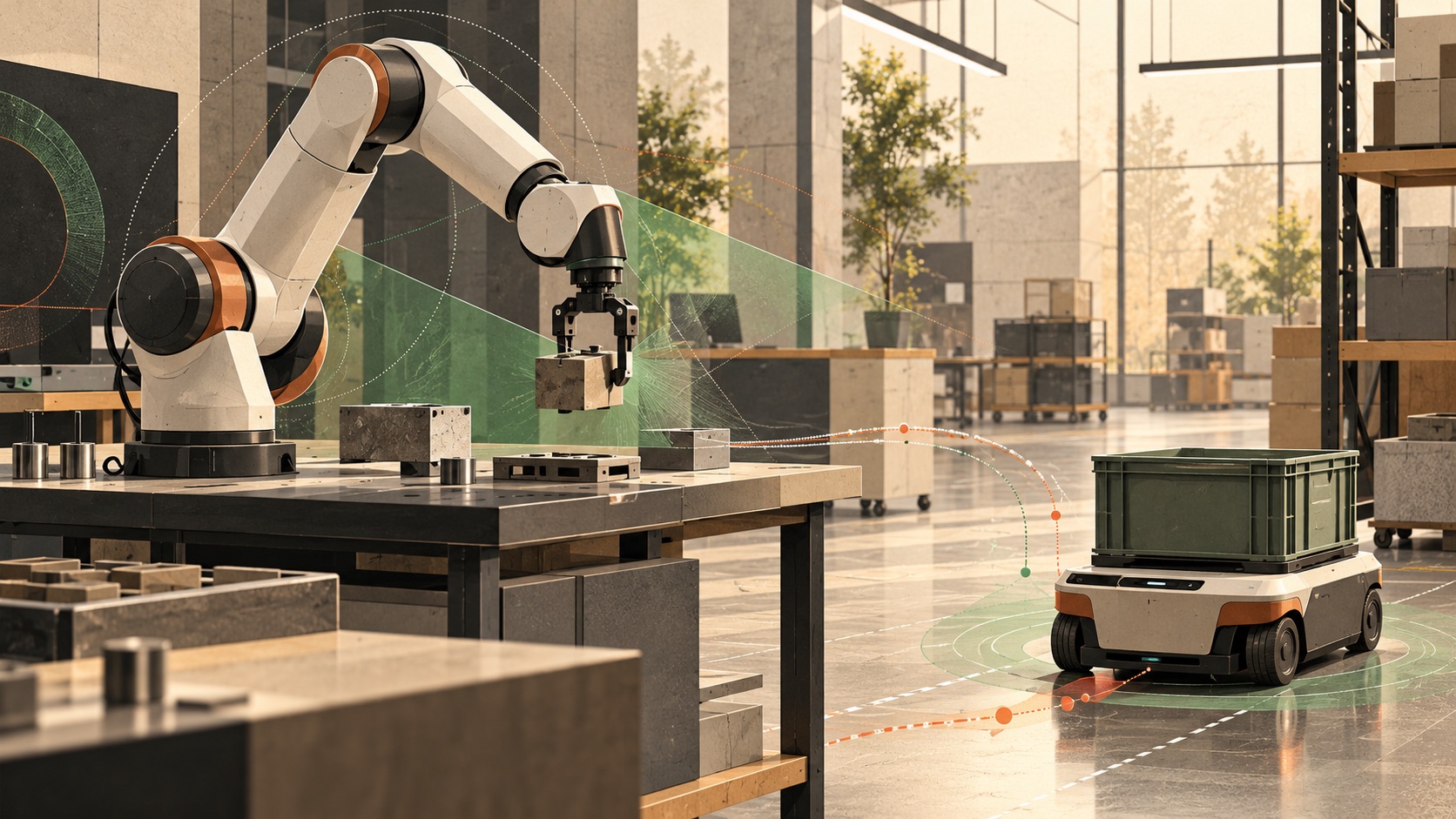 Editorial illustration of a collaborative robot arm and mobile robot working in an industrial space