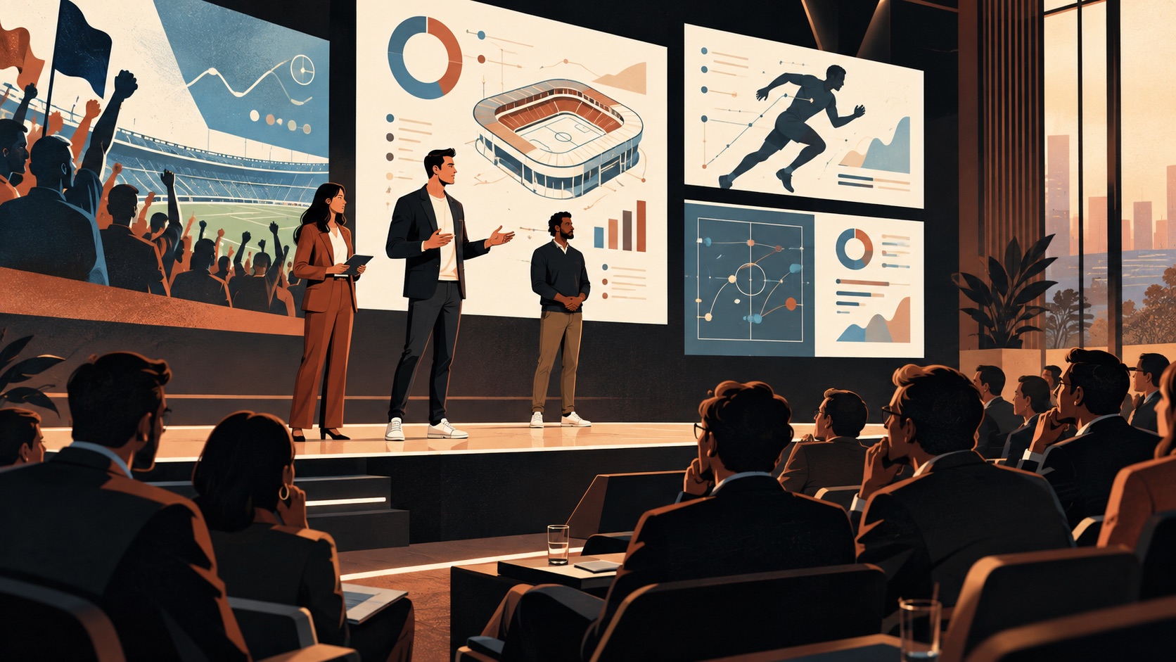 Editorial illustration of founders pitching sports technology to an investor audience